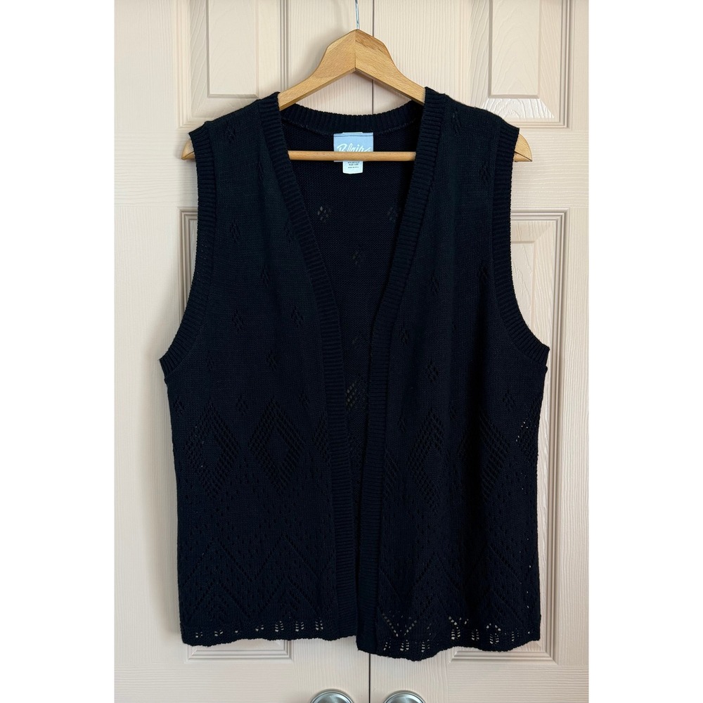 Vintage Pointelle Knit Open Front Vest Black L Boho Coquette Grunge Whimsigoth